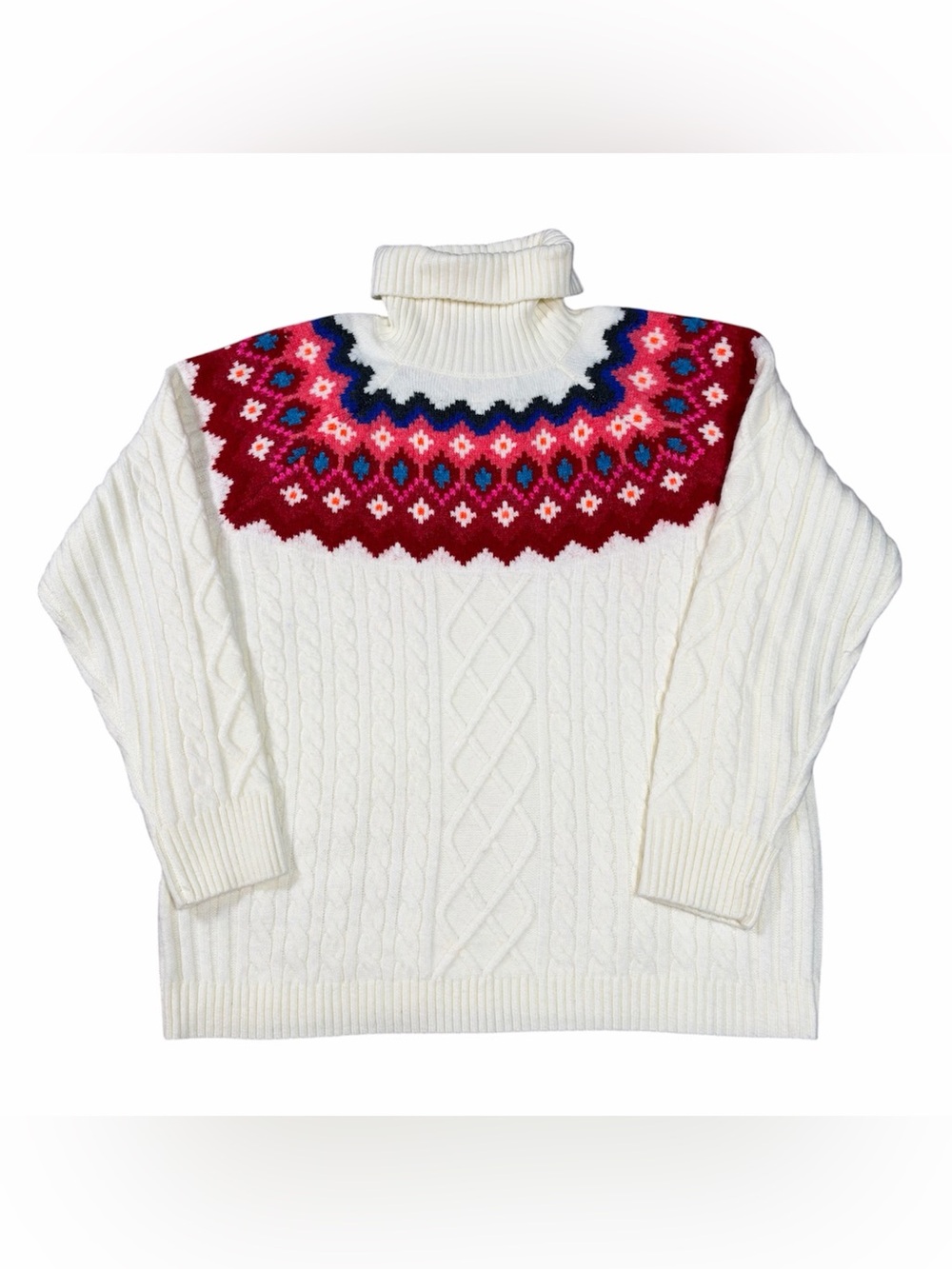 LOFT Women's Ivory Fair Isle Cable Knit Sweater Turtleneck Wool Blend XL Yoke
